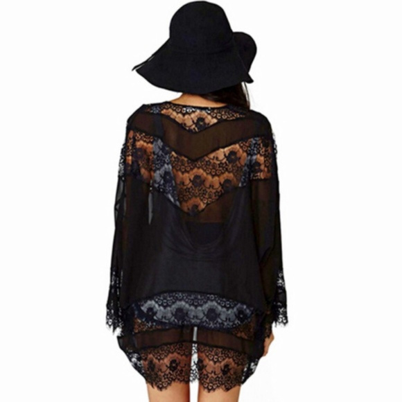 Casual Vintage Beach Kimono Coverup - Black Lace - Picture 2 of 6